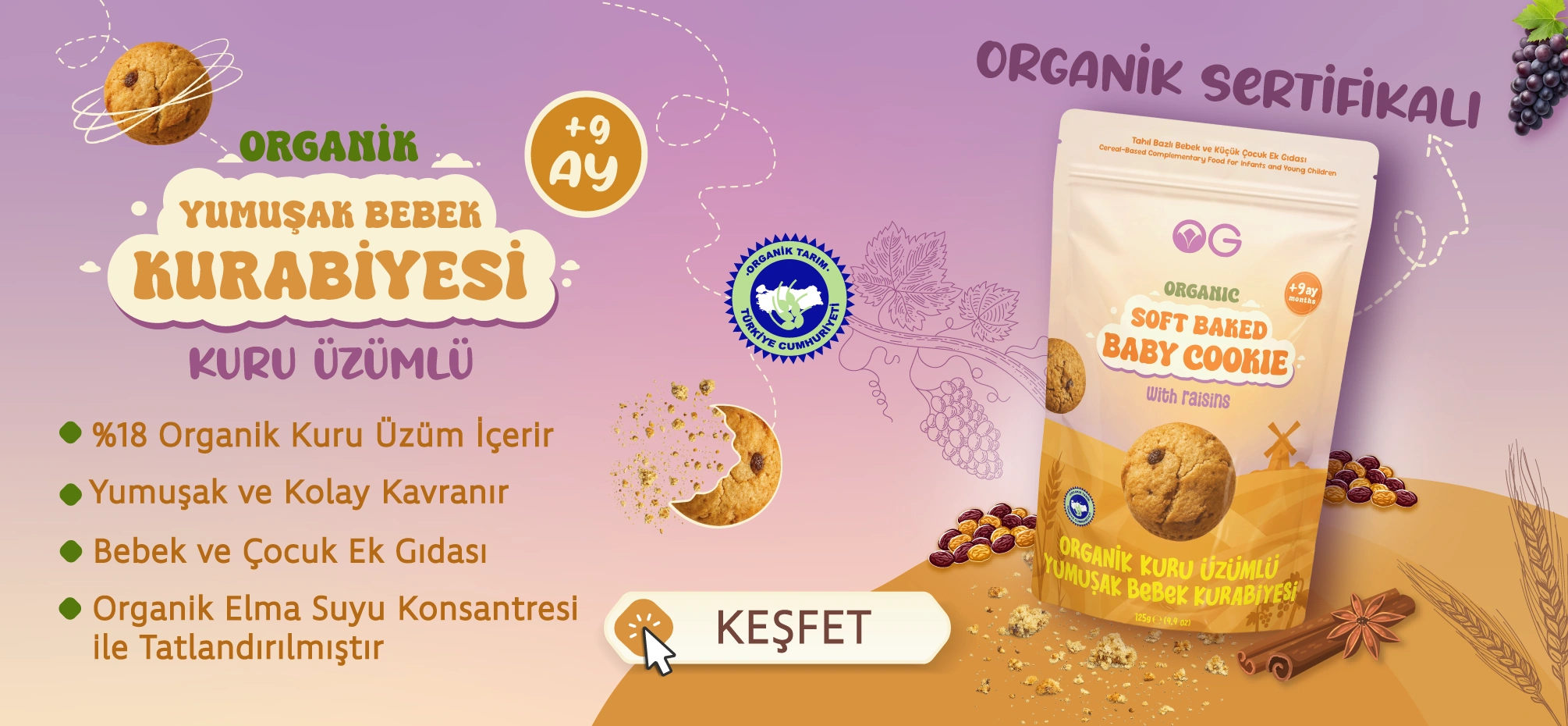 Organik Kuru Üzümlü Yumuşak Bebek Kurabiyesi