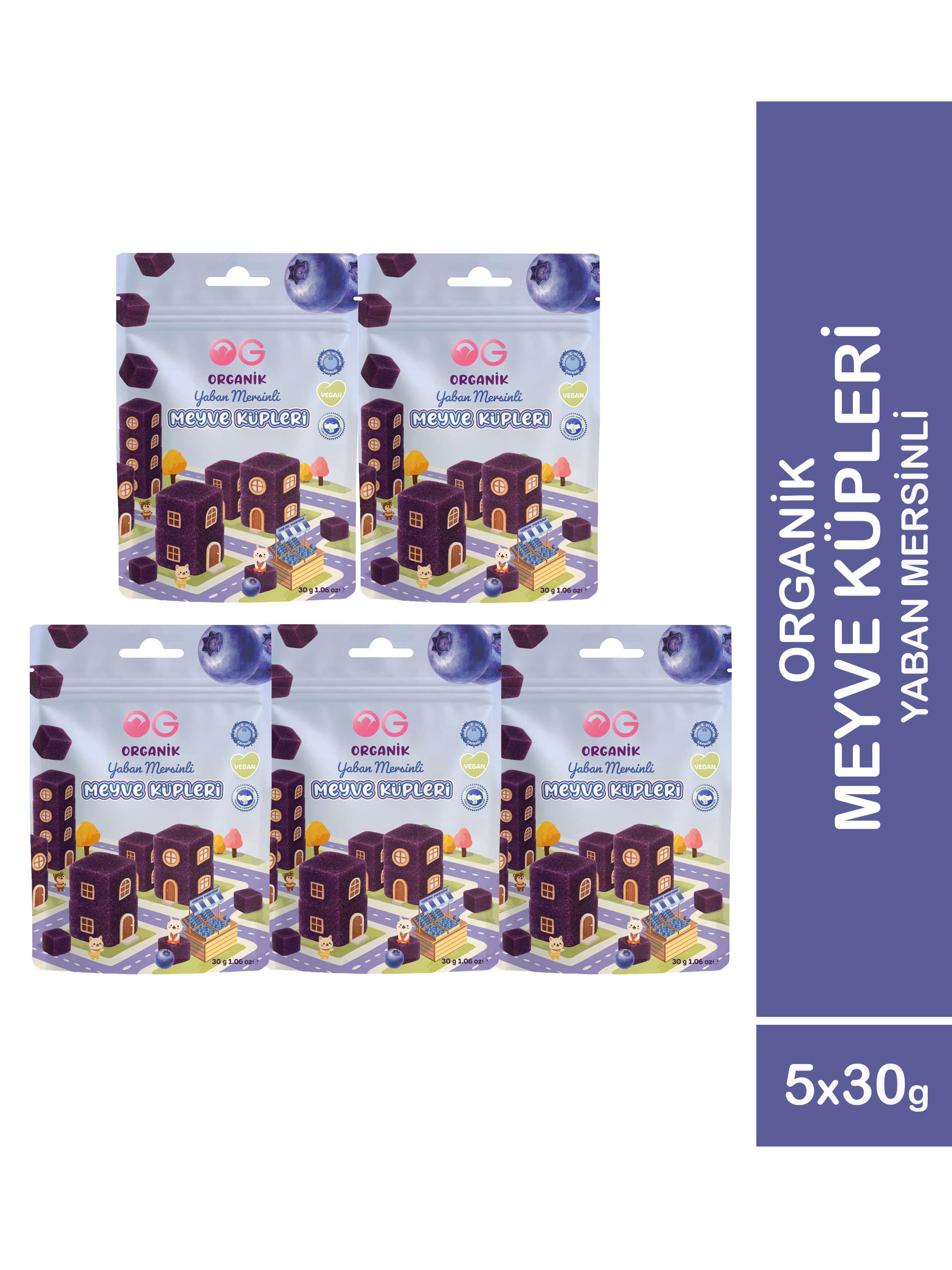 5'li Organik Yaban Mersinli Meyve Küpleri (5 x 30 Gr)